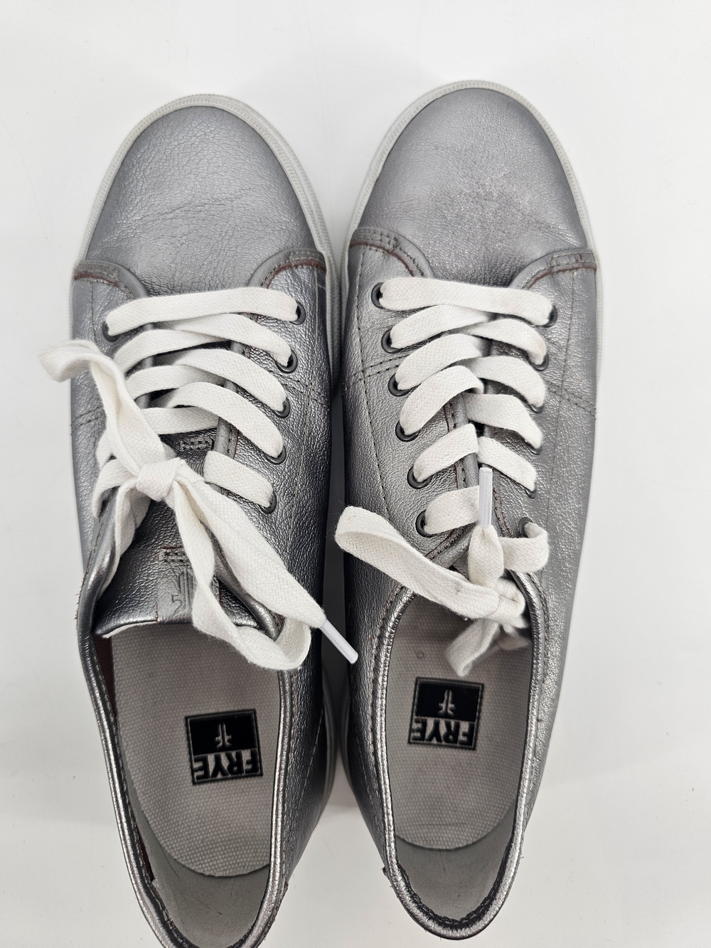 Frye Metallic Silver Leather Sneakers with White Laces 8 Womens